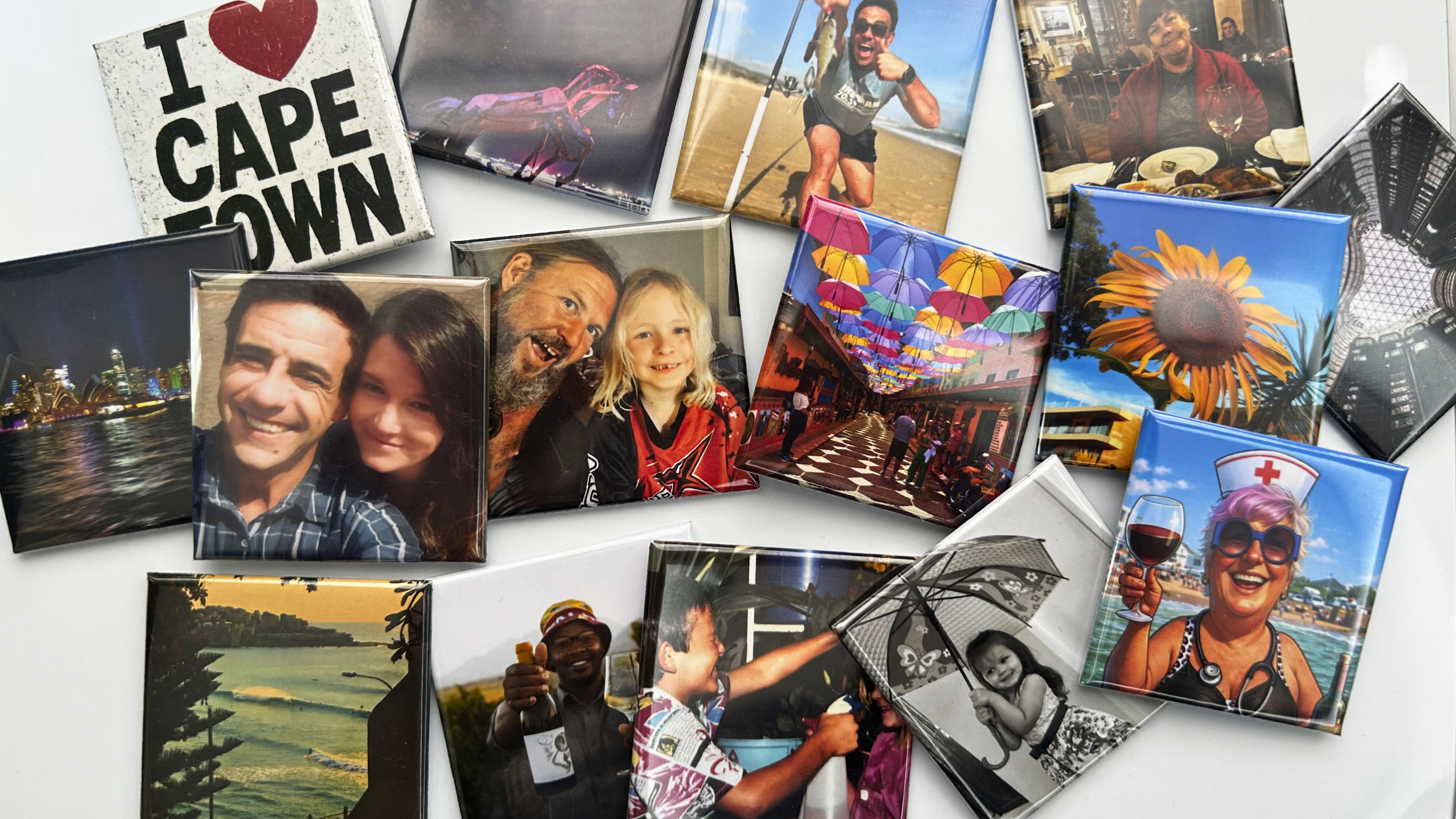 Custom photo magnets displayed on a fridge, Proudly South African by Magnaroo